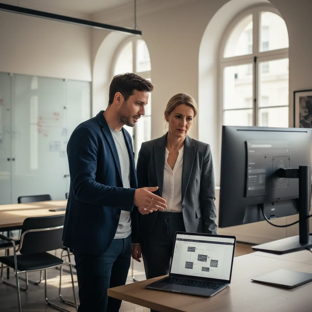 Bureau d'avocat moderne avec un écran affichant une interface IA connectée à une base documentaire juridique interne