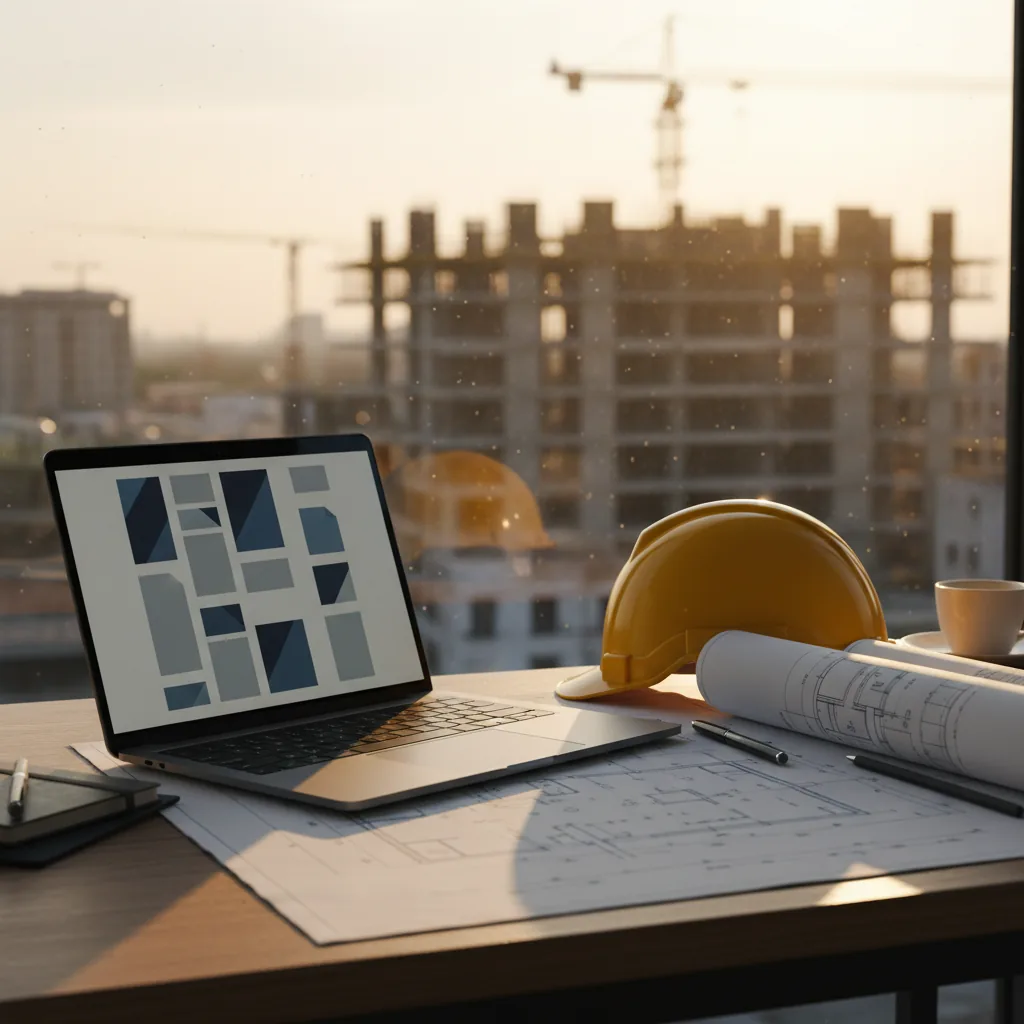 Mémoire technique IA appels d'offres BTP - Bureau d'études avec plans architecturaux et chantier en arrière-plan
